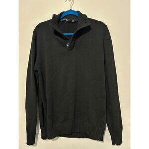 Sean‎ John Mens Black Cotton Button Mock Neck Knit Sweater Pullover